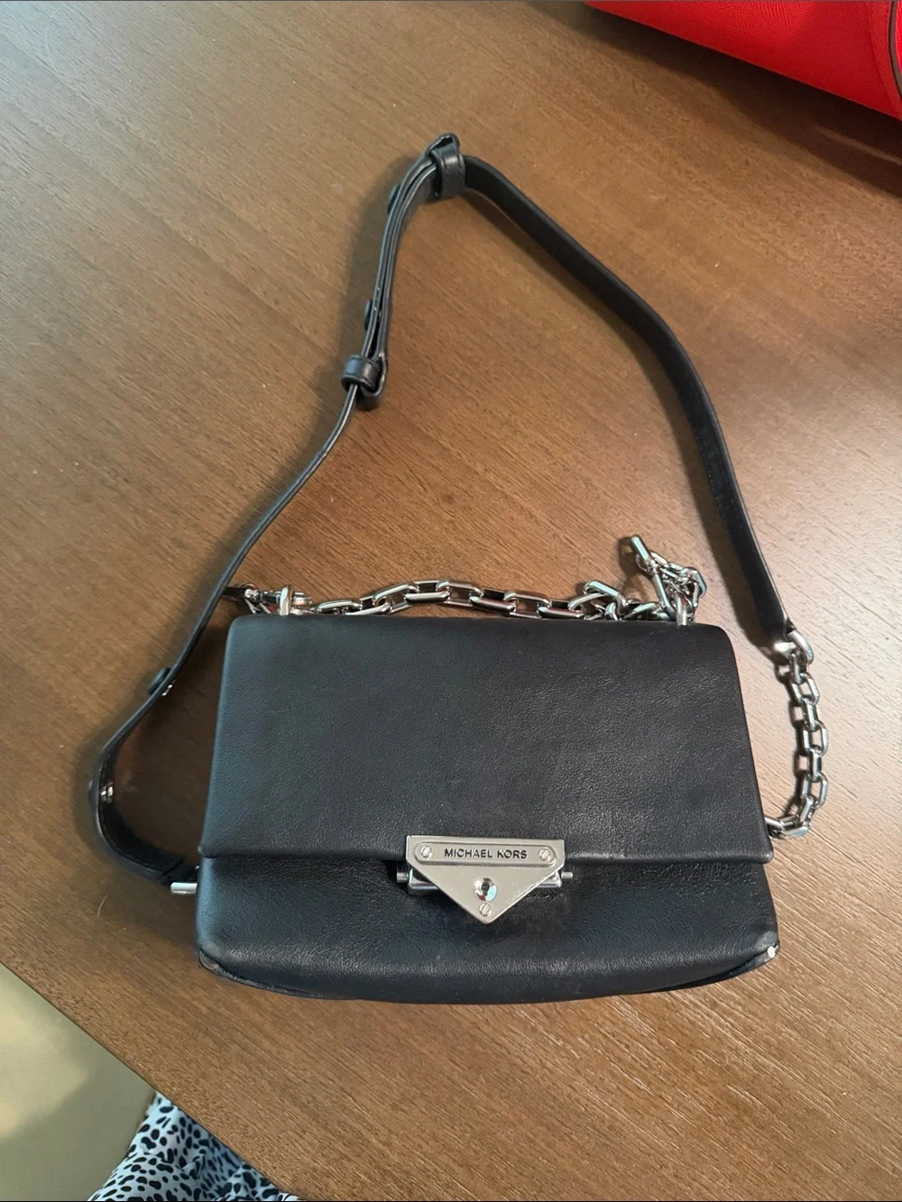 Michael Kors Black Leather Crossbody with Silver Chain Trim